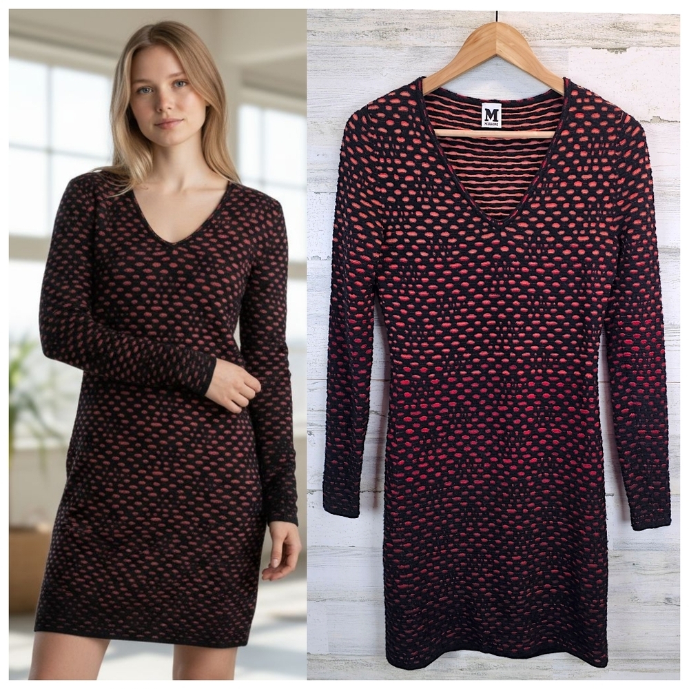 M Missoni Black Red Ripple Knit Long Sleeve Bodycon Sweater Dress Sz M Designer